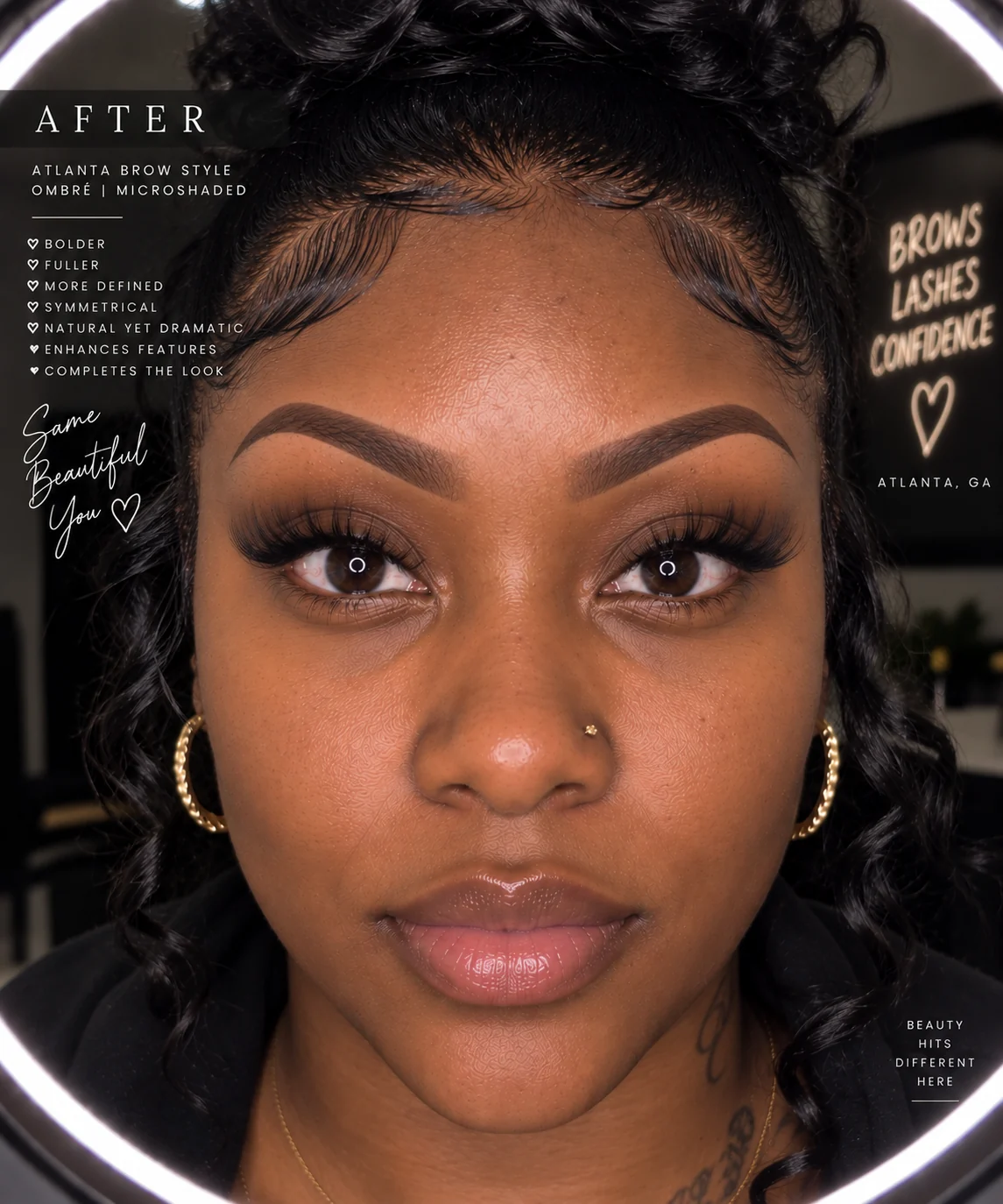 After — bold, full, symmetrical ombre microshaded brows.