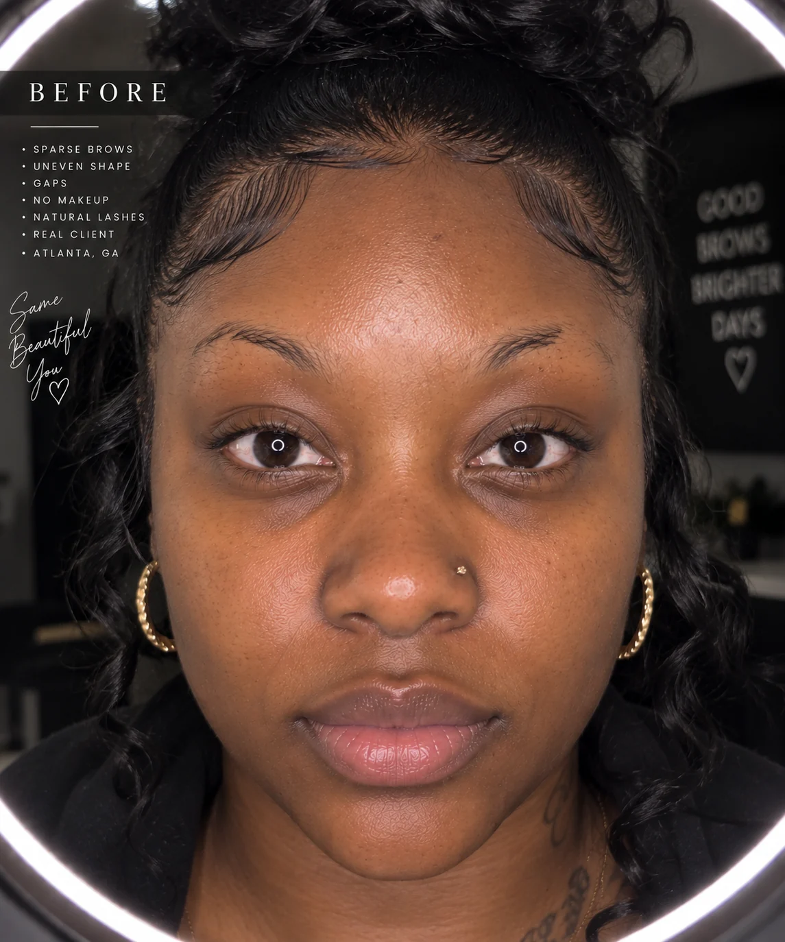 Before — sparse brows with gaps and an uneven shape.
