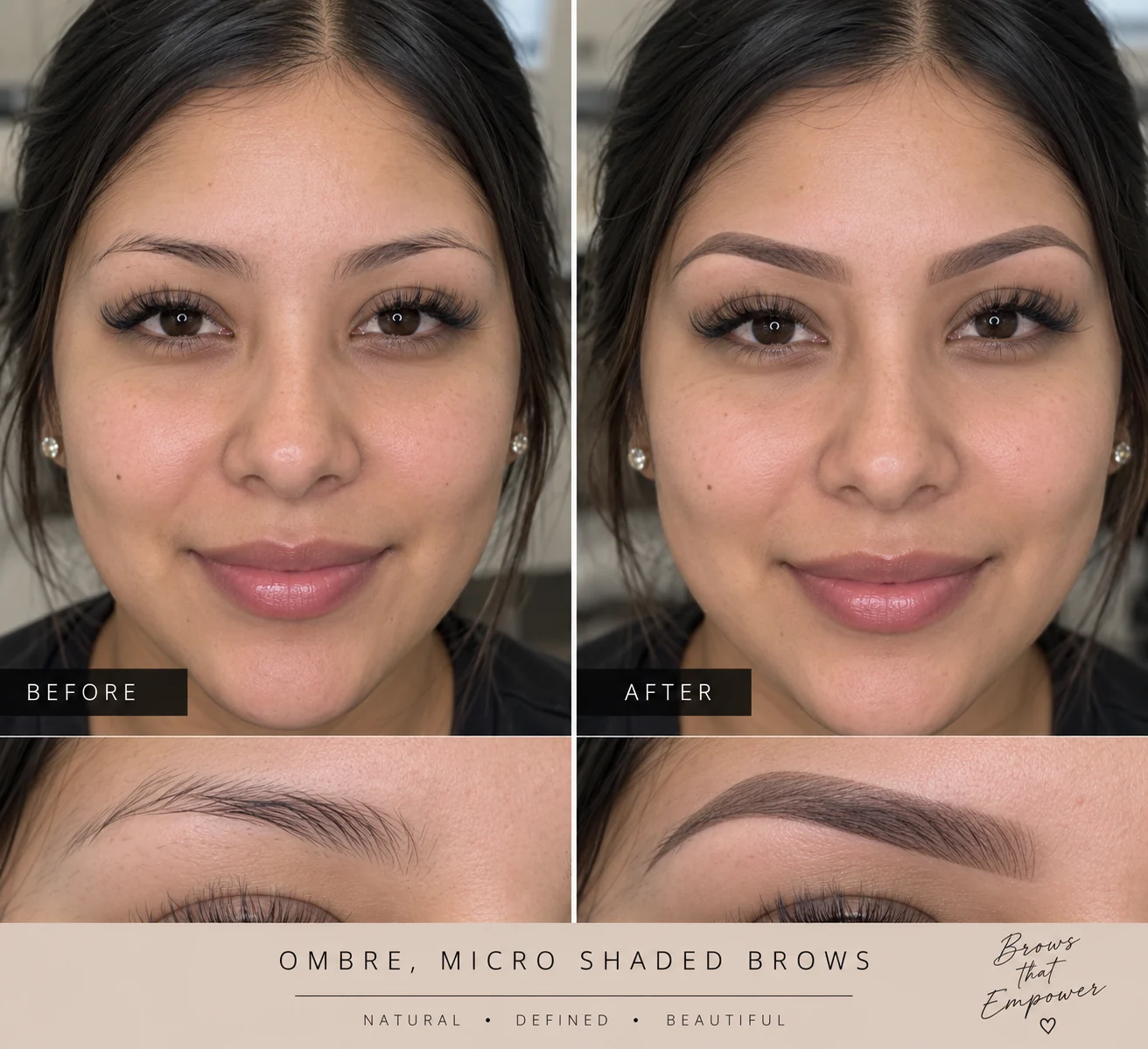Before and after ombré microshaded brows on a Bri'Lasha client — full face above, close brow detail below. Sparse, uneven brows become a soft, defined shape.
