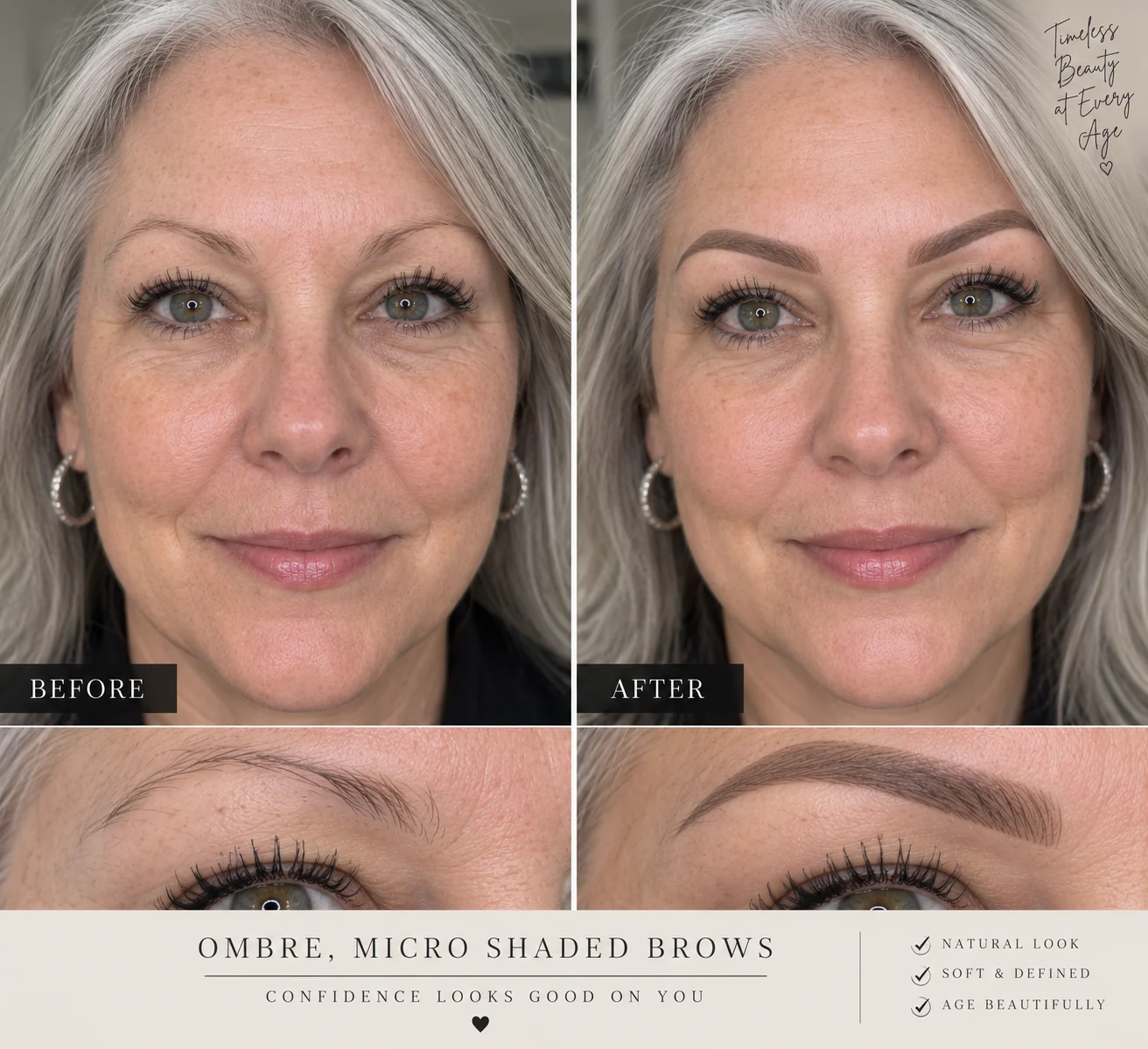 Bri'Lasha client with silver hair, before and after ombré brows — full face above, brow detail below.