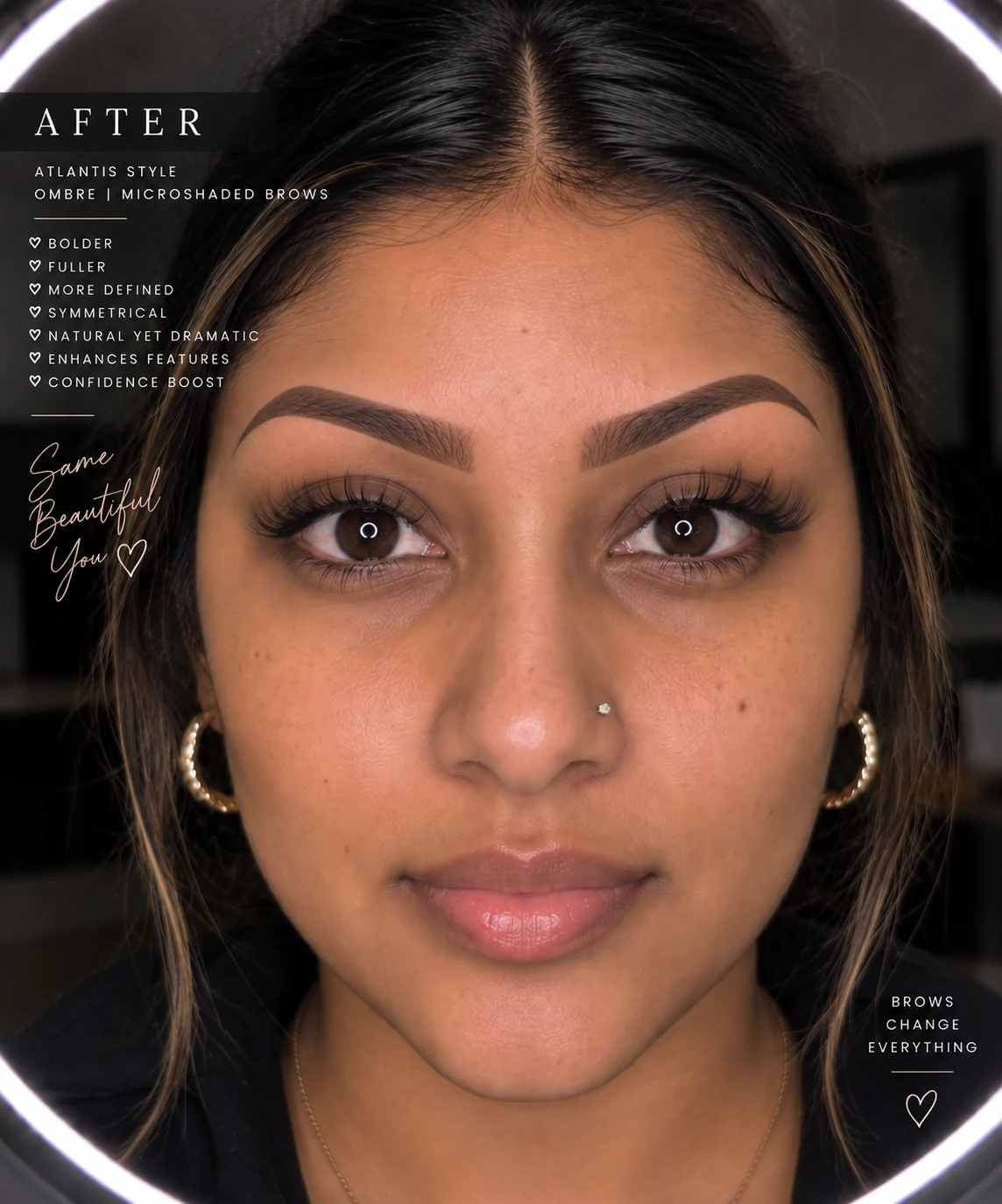 After — fuller, symmetrical brows defined through the tail.