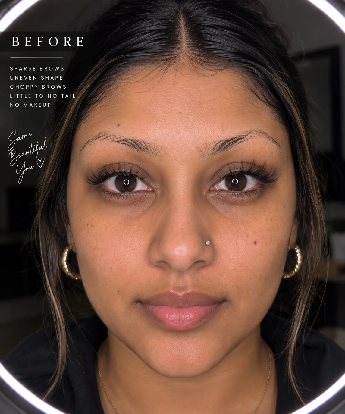 Before — sparse, choppy brows with almost no tail.