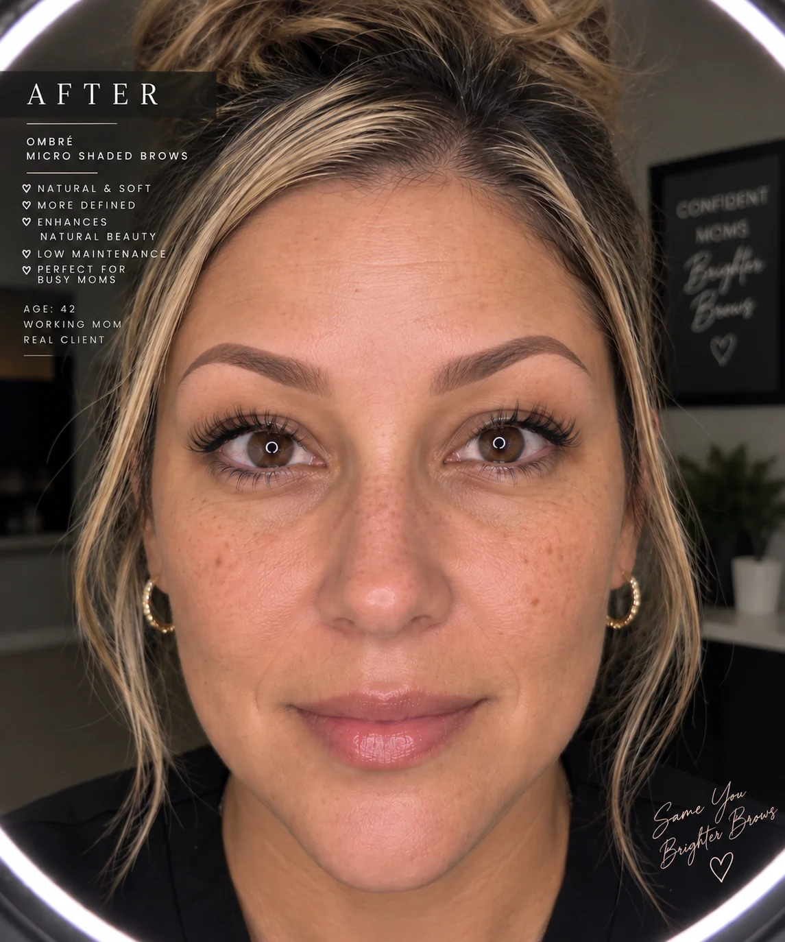After — fuller, even ombre brows that still read as her own.
