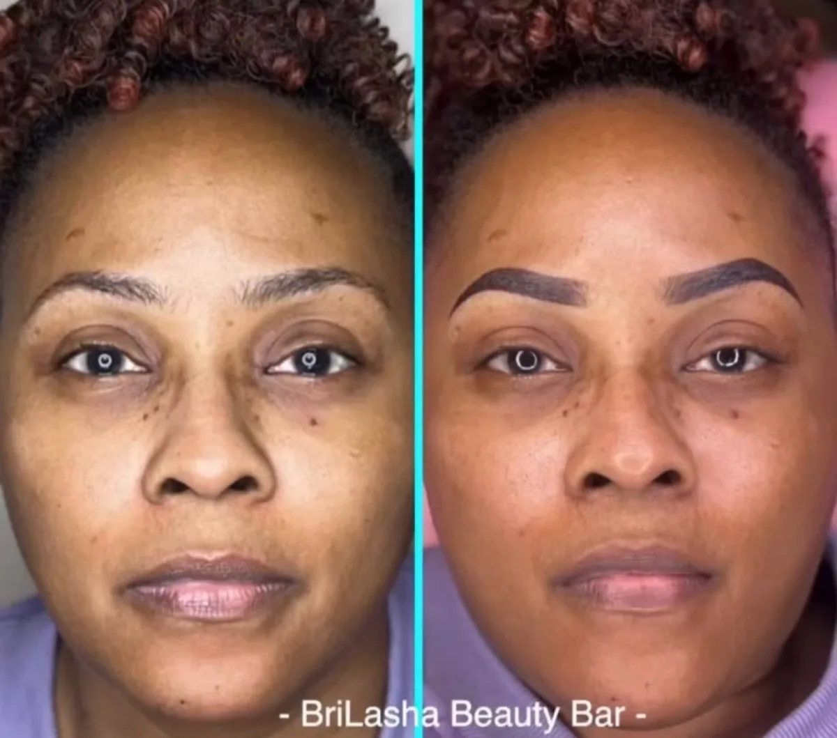 Side-by-side before and after of a Bri'Lasha ombré brows client.