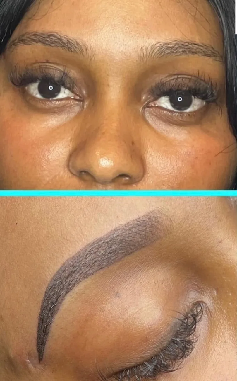 Close comparison of a single brow before and after ombré shading.