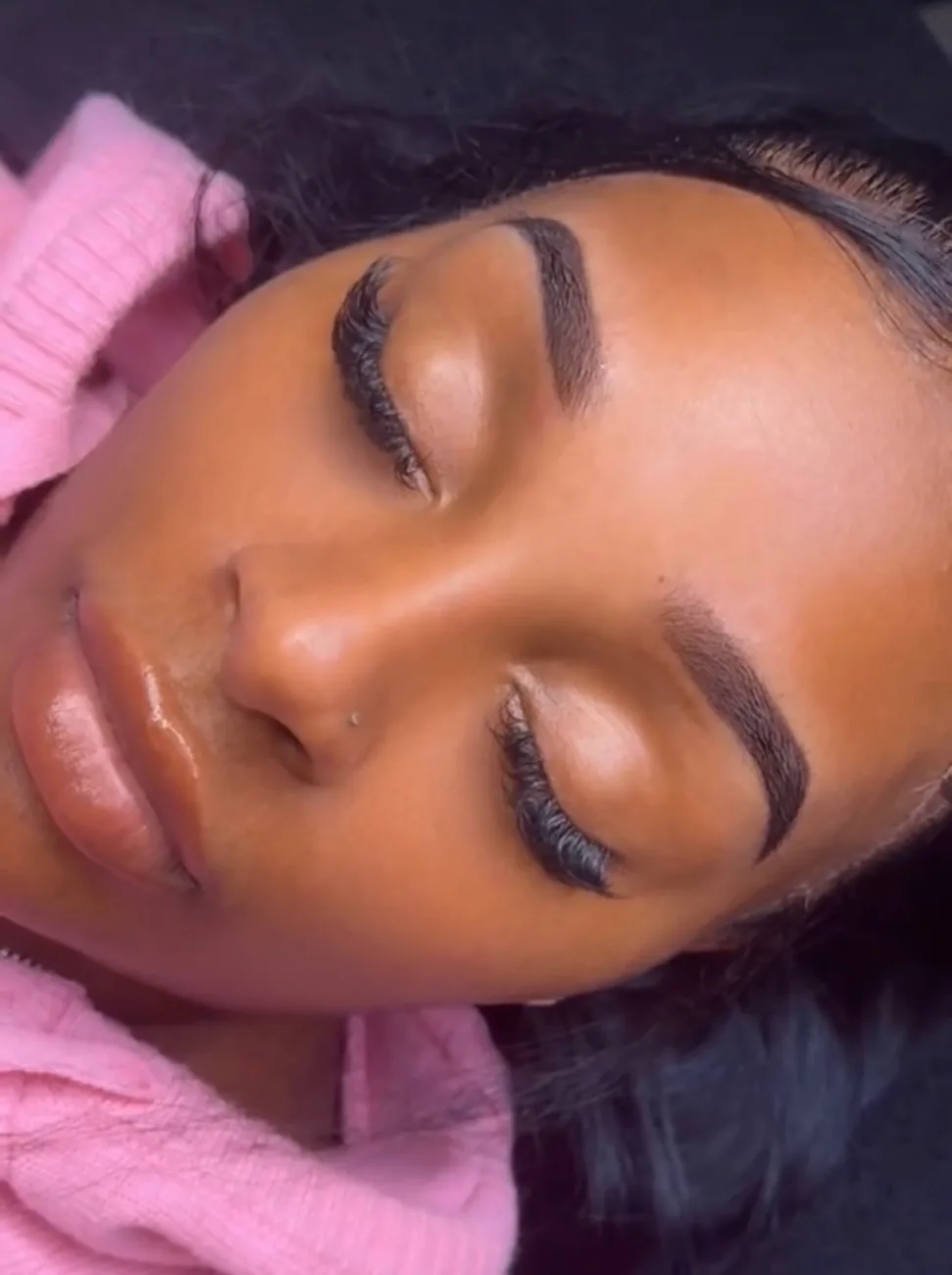 Healed ombré powder brows showing a soft powder finish and clean tail.