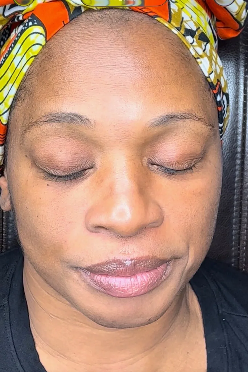 Client before ombré brows — faded, sparse brows with no clear shape.
