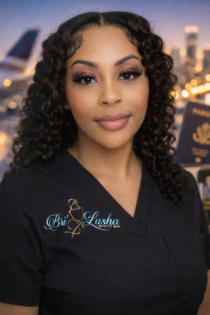 Bri'Lasha, permanent makeup artist, in her branded studio smock.